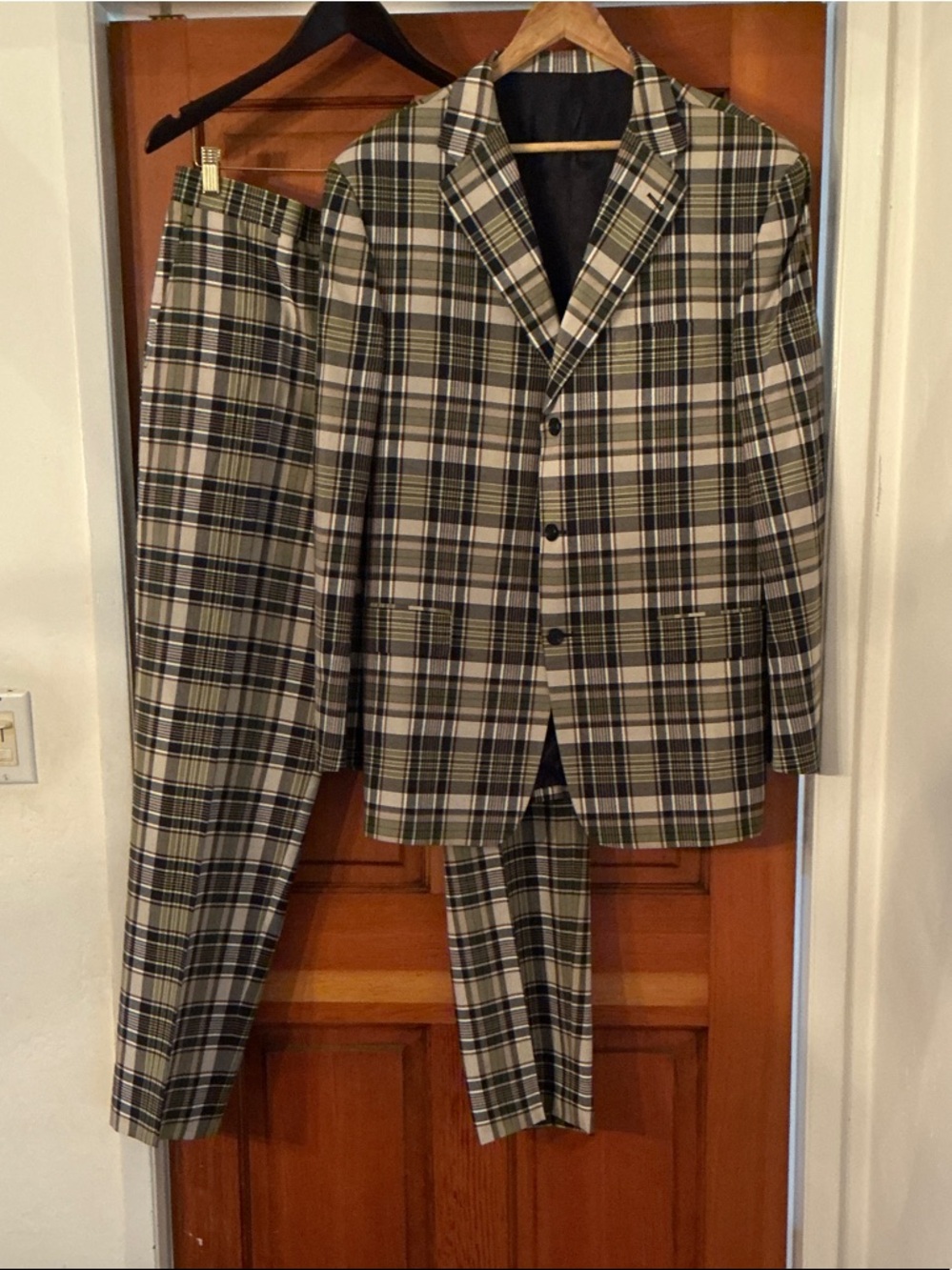 Hickey Freeman Olive, Black & Cream Plaid Two-Piece Suit